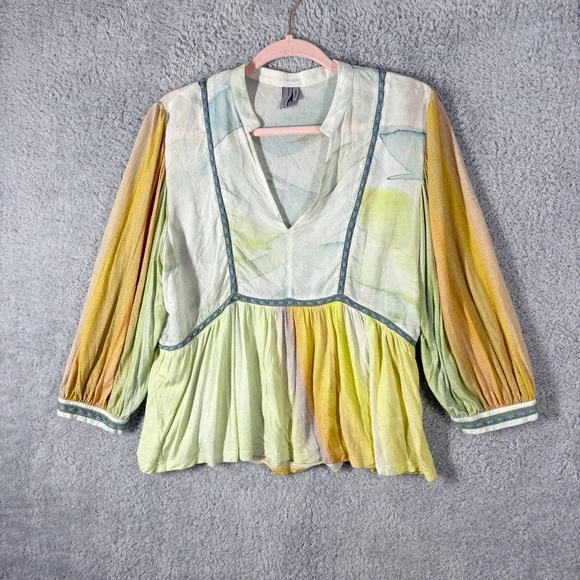 Anthro Bl^nk London Renata Tie Dye Top Size M Multicolor V-Neck Puff Sleeve Boho - Picture 2 of 9